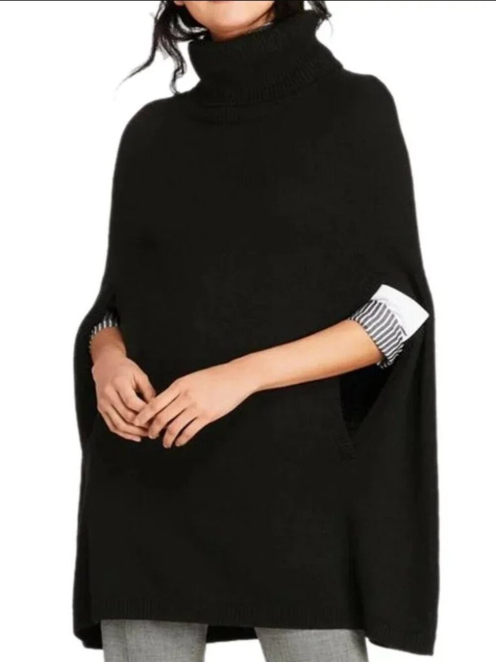 Brooks Brothers Black Merino Wool Blend Turtleneck Poncho/Cape Sweater One Size
